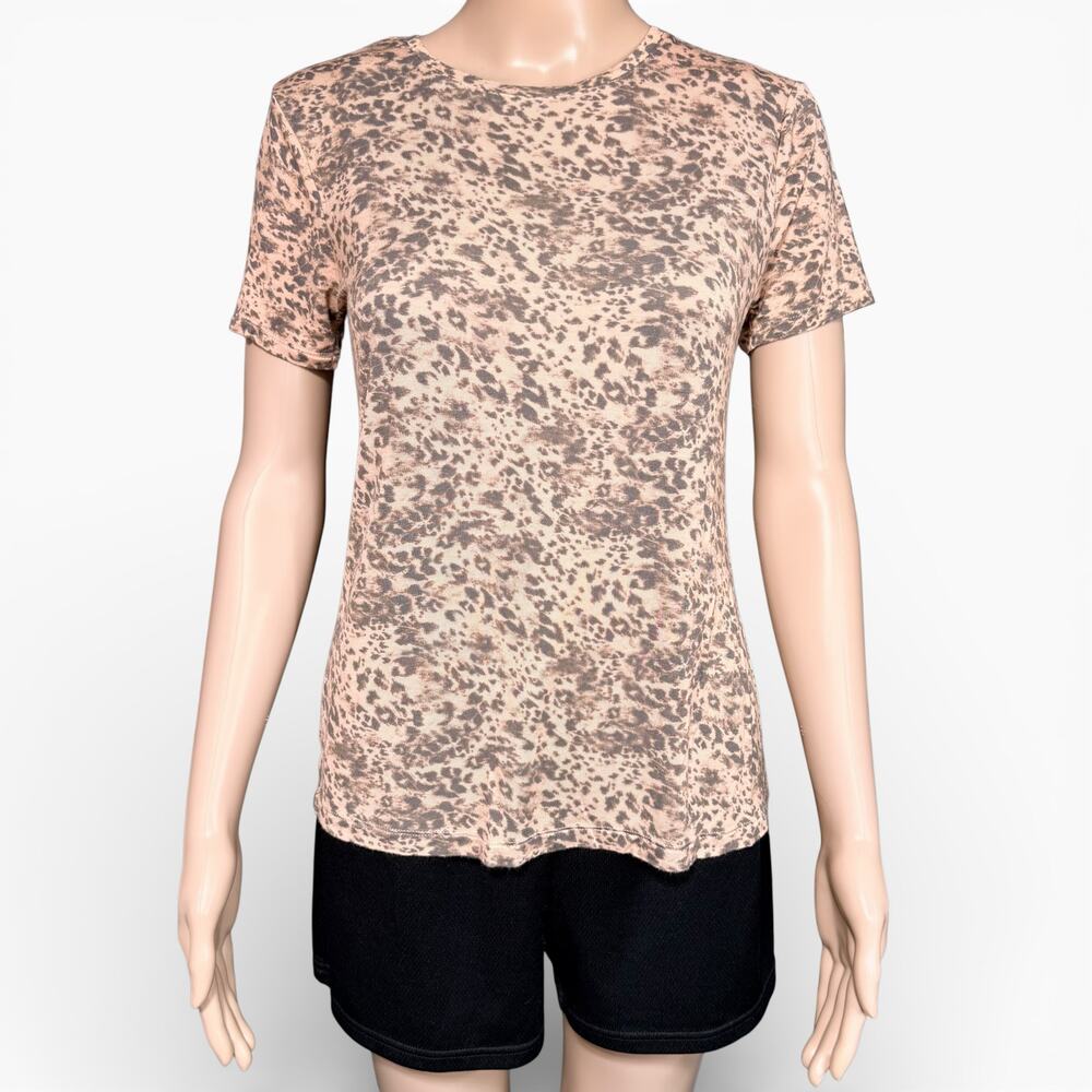 Nine West Womens T Shirt Top Soft Spun Animal Print Rayon Short Sleeve Brown XS